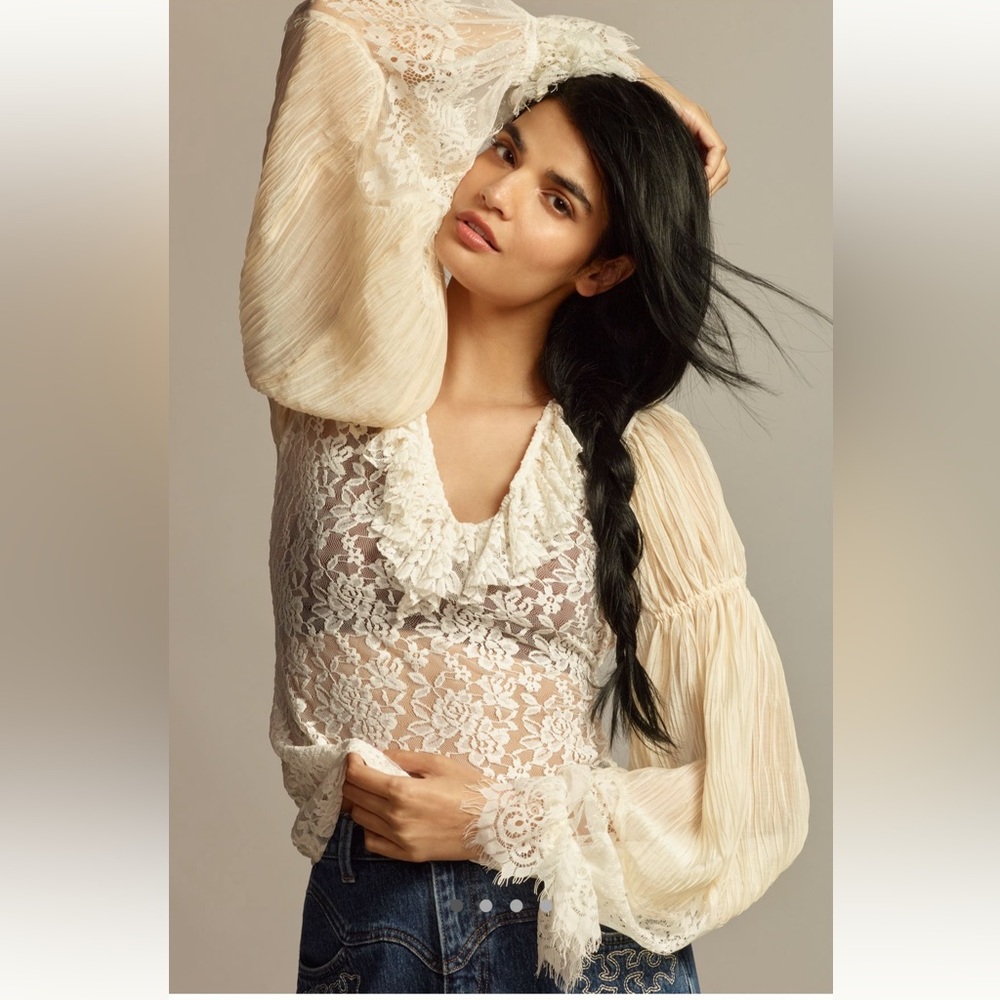 NWT By Anthropologie Wide-Sleeve Sheer Lace Top